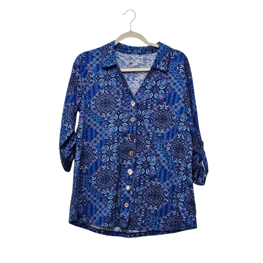 Soft Surroundings NWOT Blue Geometric Artsy Button Down Roll Tab Sleeve‎ Shirt M